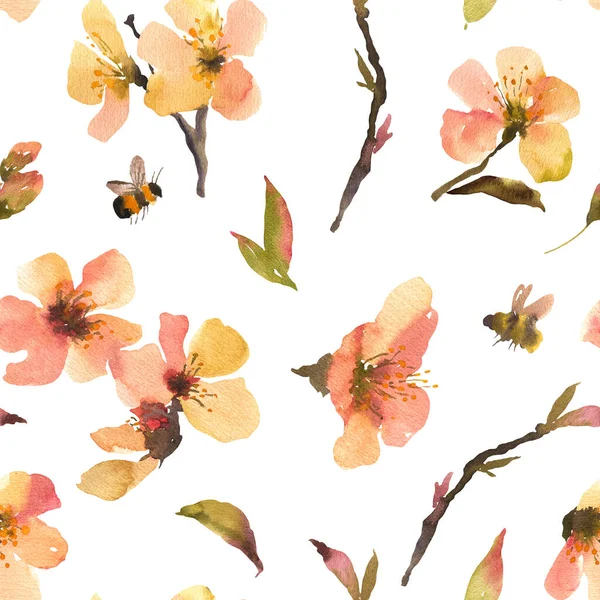 Acuarela Flores Primaverales Patrón Sin Costura Ramas Árboles Florecientes Textura — Foto de Stock