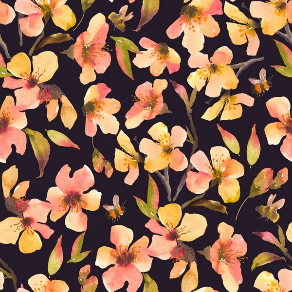 Acuarela Flores Primaverales Patrón Sin Costura Ramas Árboles Florecientes Textura — Foto de Stock