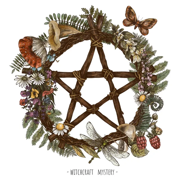 Grüner Hexenkranz Zweig Okkulten Pentagramm Hexerei Botanische Illustration Waldschätze Pilze — Stockfoto