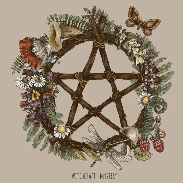 Vintage Green Witch Floral Wreath Branch Occult Pentagram Witchcraft Botanical — ストック写真