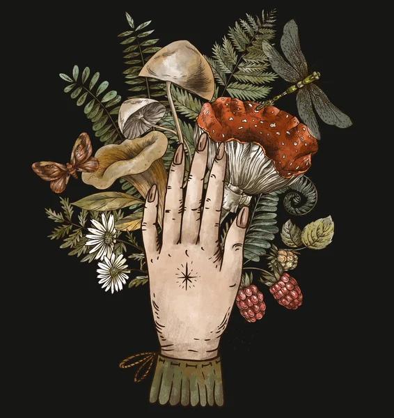 Woodland treasures, green witch hand, Amanita mushroom, fern, forest plants baner. Vintage botanical illustration isolated on black background. Witchcraft greeting card.
