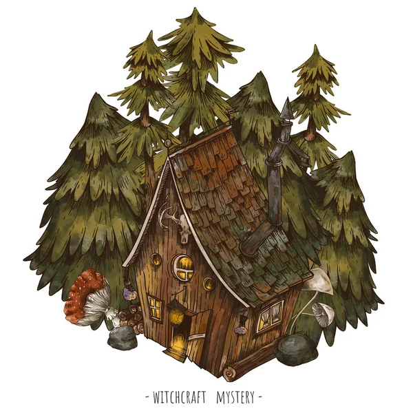 Vintage Hütte Wald Haus Illustration Hexenhütte Natürliche Grußkarte Handgezeichnete Illustration — Stockfoto