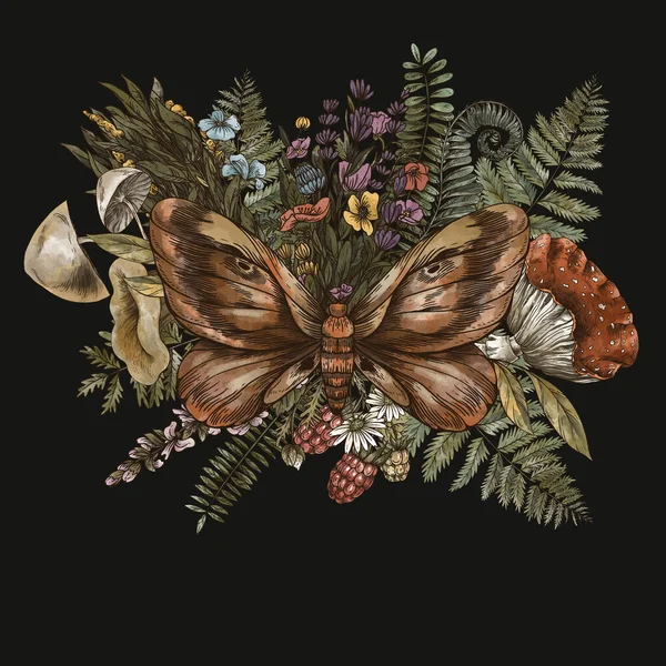 Moth Φτέρη Μανιτάρια Amanita Βοτανική Ευχετήρια Κάρτα Θησαυροί Του Δάσους — Φωτογραφία Αρχείου