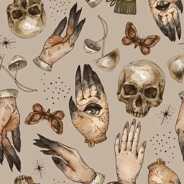 Magical Skull Seamless Pattern Witch Hands Moth Mushroom Witchcraft Texture — ストック写真