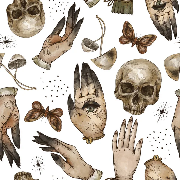 Magische Totenkopf Nahtlose Muster Mit Hexenhänden Motte Und Pilz Hexerei — Stockfoto