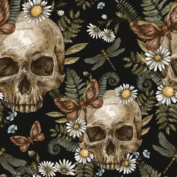 Vintage Floralen Totenkopf Nahtlose Muster Mit Motte Kamille Und Farn — Stockfoto