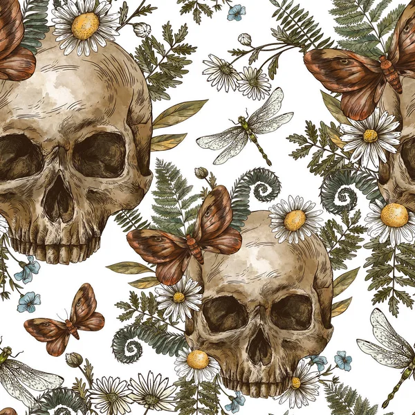 Vintage Floral Skull Seamless Pattern Moth Chamomile Fern Mystery Skull — Stock Photo, Image