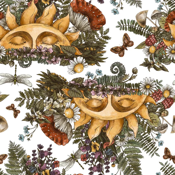 Vintage Sun Seamless Pattern Woodland Treasures Amanita Mushroom Fern Forest — Stock Photo, Image