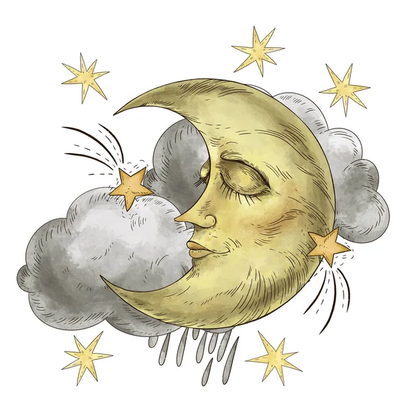 Винтажная Иллюстрация Луной Лицом Оккультная Мистическая Открытка Белом Фоне — стоковое фото
