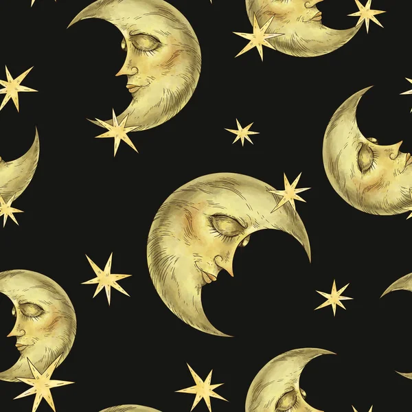 Vintage Bezszwowy Wzór Twarzą Księżyca Okultystyczne Mistyczne Tekstury Nocy Czarnym — Zdjęcie stockowe