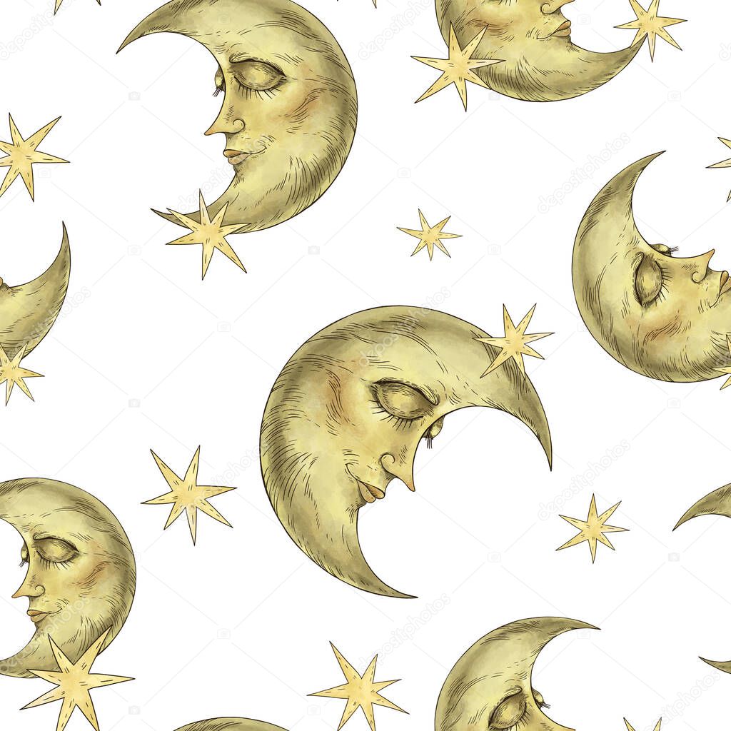 Vintage seamless pattern with a face moon. Occult mystical night texture on white background. 