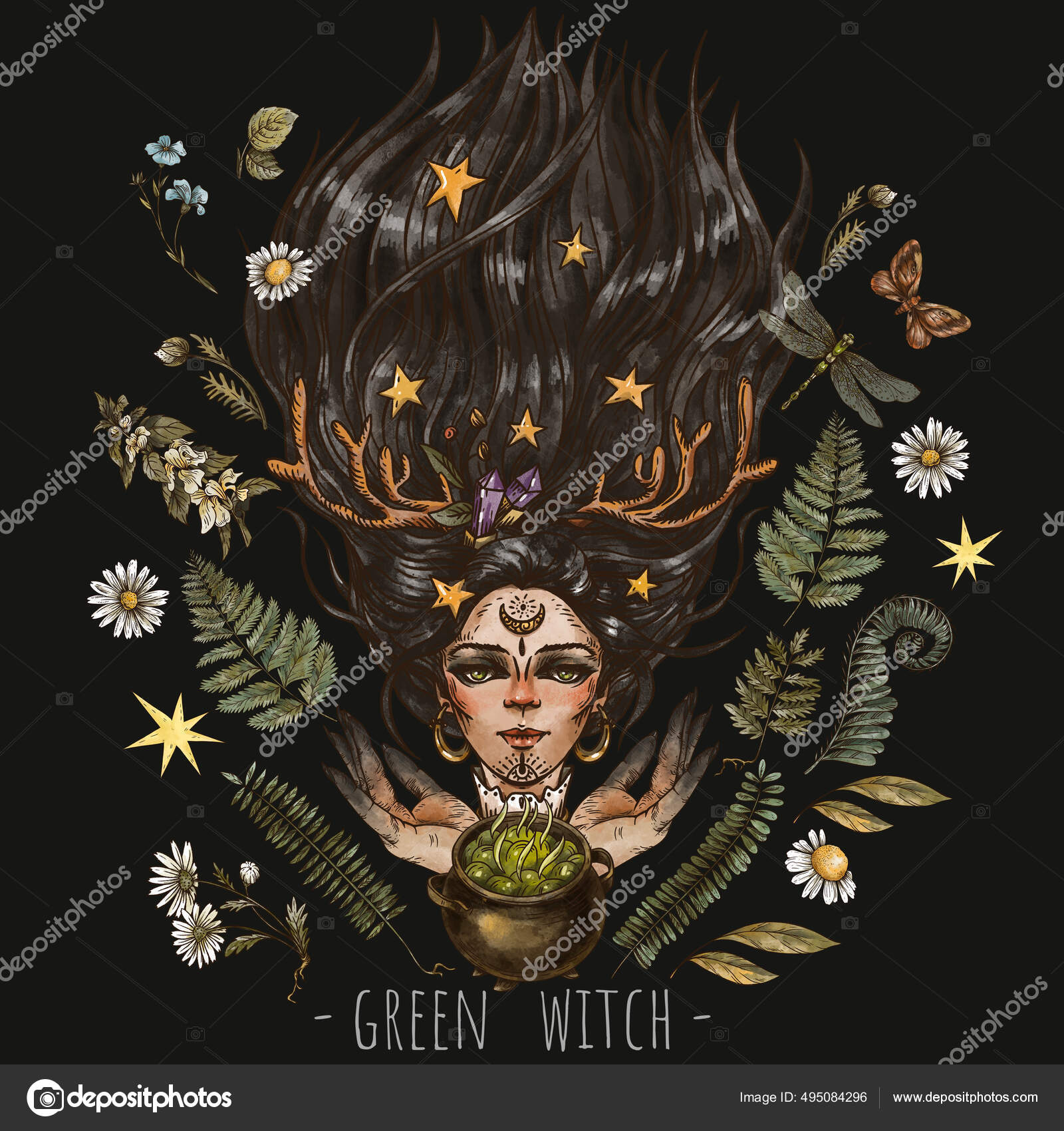 Vintage Mystic Witch Illustration Magic Witchcraft Green Witch Happy  Halloween Stock Photo by ©belus 495084296