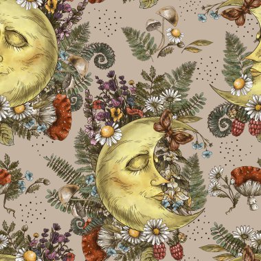 Eski, aysız desen, eğreltiotu, mantar, orman bitkileri. Beyaz arka planda esrarengiz mistik çiçek dokusu. 