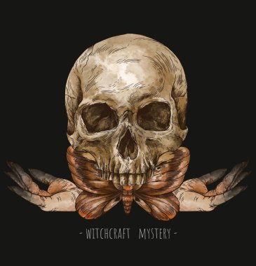 Eskimiş mistik kafatası klasik tebrik kartı, güve ölüm illüstrasyonu. Cadılık el çizimi karakter siyah arka planda izole.