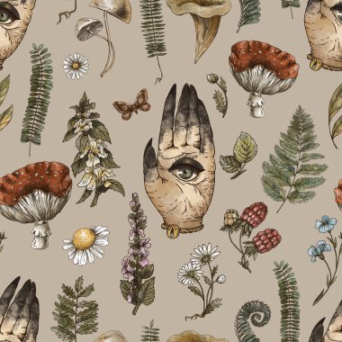 Woodland treasures seamless pattern, green witch hand with all seeing eye, Amanita mushroom, fern, forest plants baner. Vintage witchcraft texture. clipart