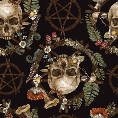 Kafatası, büyücülük ve botanik resimli klasik bir pentagram. Ormanlık hazineler, mantarlar, eğrelti otları, siyah arka planda amanita..