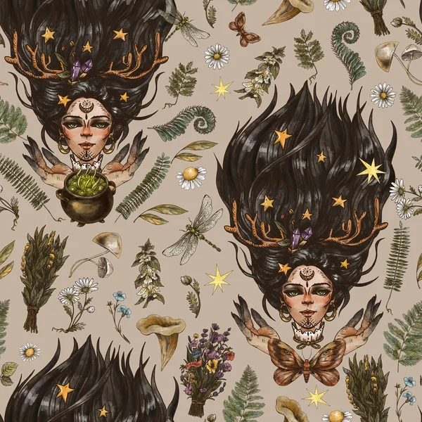 Vintage Mystic Witch Seamless Pattern Magic Witchcraft Green Witch Texture — 스톡 사진