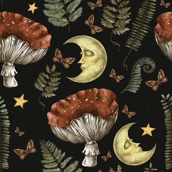 Vintage Magic Forest Botanical Seamless Pattern Witchcraft Art Moon Amanita — Stock Photo, Image