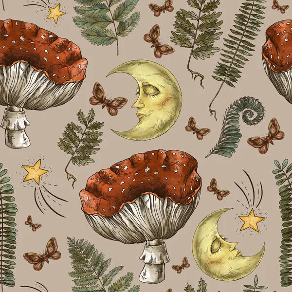 Vintage magic forest botanical seamless pattern, witchcraft art, moon, amanita mushroom, wicca occult background on beige