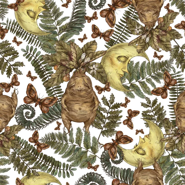 Magic Plants Seamless Pattern Witch Herbs Mandrake Root Wallpaper Wicca — 스톡 사진