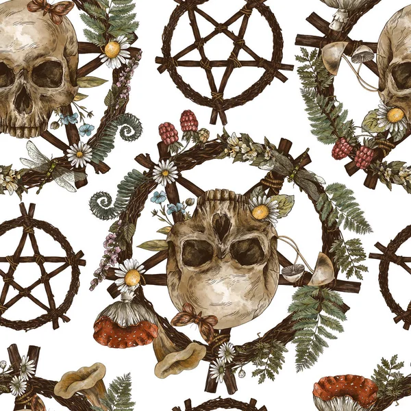 Vintage Okkult Pentagram Zökkenőmentes Minta Koponya Boszorkányság Tapéta Erdei Kincsek — Stock Fotó
