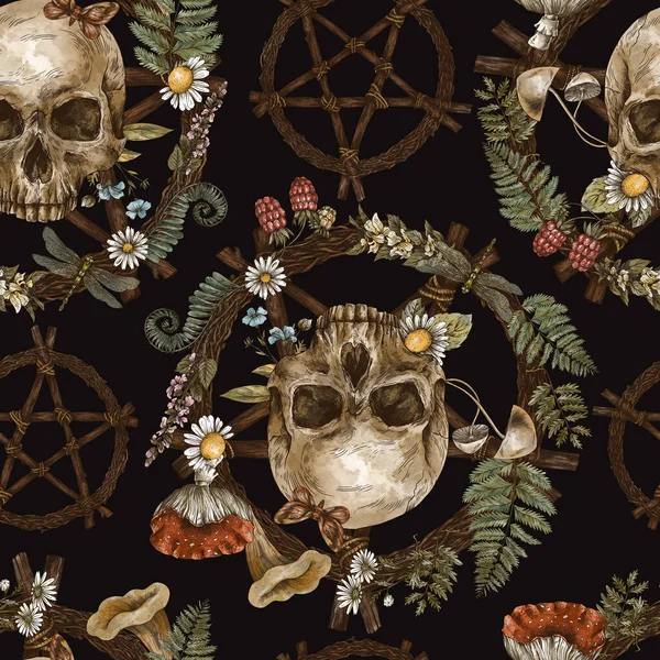 Kafatası, büyücülük ve botanik resimli klasik bir pentagram. Ormanlık hazineler, mantarlar, eğrelti otları, siyah arka planda amanita..