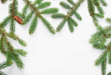 Noel ağacı arkaplanı. Beyaz ahşap arka planda çam dalları. Düz yatıyordu. Uzayı kopyala Mutlu yıllar tebrik kartı. Noel ve yeni yıl tatili. Yumuşak köknar ağacı. Kış tatilleri ve tatiller