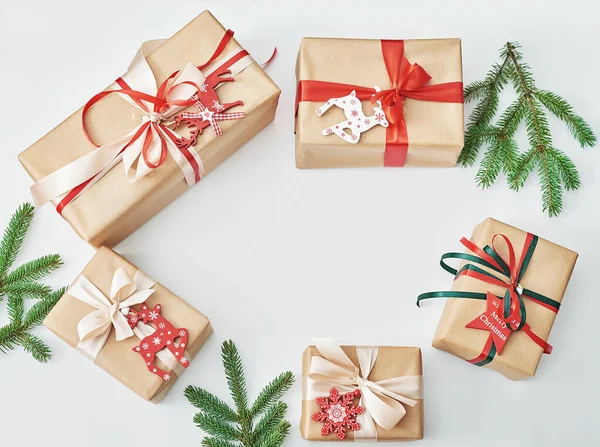 Gift boxes christmas tree background. Luxury New Year gift. Merry Christmas background with gift box. Christmastime celebration. Winter Holidays. Xmas mock up. Greeting card template