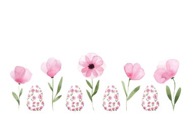 Mutlu Paskalya yumurtaları çiçekli tebrik kartı suluboya. Renkli suluboya resim. El işi. Bahar çiçekleri ve Paskalya elementleriyle parlak kompozisyonlar. Güzel Paskalya çizimleri