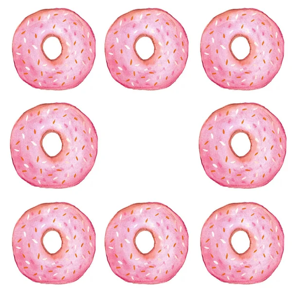 Rosado Doce Donuts Aquarela Cartão Saudação Menu Aquarela Doce Conjunto — Fotografia de Stock