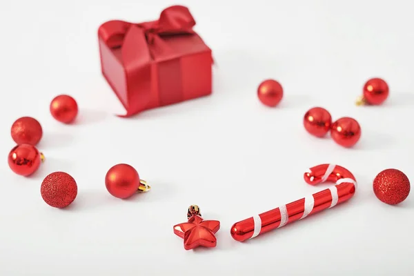 Caja Regalo Navidad Juguetes Fondo Puesta Plana Navidad Feliz Año —  Fotos de Stock