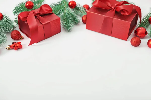 Confezione Regalo Natale Rami Pino Giocattoli Sfondo Piatto Natale Buon — Foto Stock