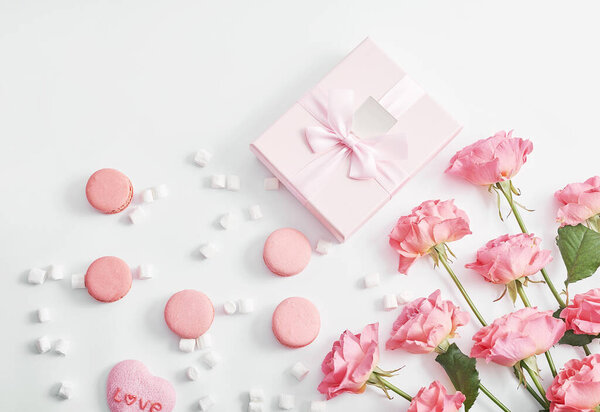 Valentine's day greeting card. Flowers and gifts boxes on white background. Happy birthday and mother's day template