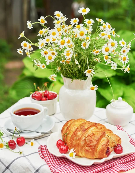 Pequeno Almoço Fora Chá Morangos Cerejas Croissants Camomila Mesa Piquenique — Fotografia de Stock