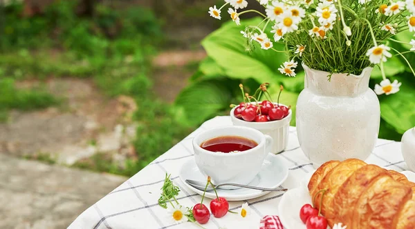 Śniadanie Zewnątrz Herbata Truskawki Wiśnie Rogaliki Rumianek Stole Letni Piknik — Zdjęcie stockowe