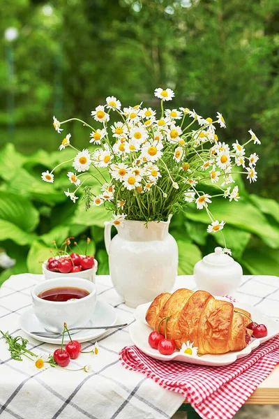 Petit Déjeuner Dehors Tasse Thé Fraises Cerises Croissants Bouquet Camomille — Photo