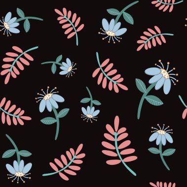 Siyah arkaplanda çiçek ve yaprakların deseni