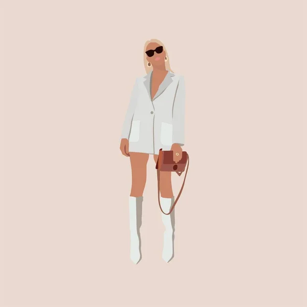 Illustration Plate Une Fille Mode Dans Une Veste Blanche Avec — Image vectorielle