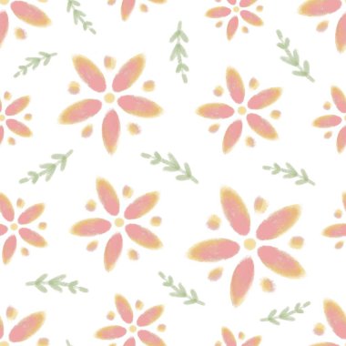 Beyaz arka planda yaprakları olan pembe papatya deseni.