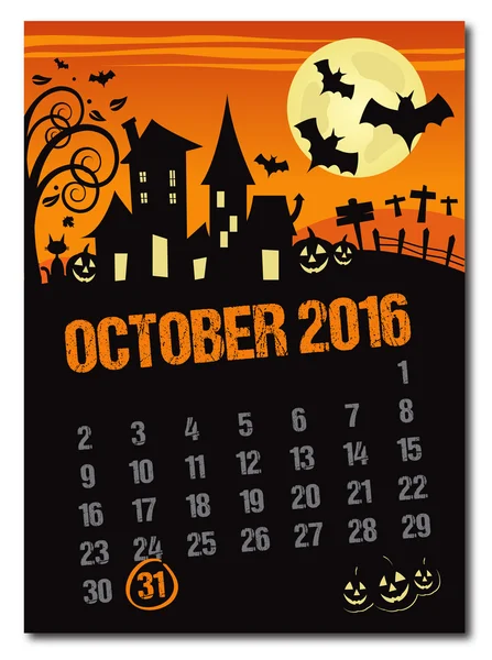 Halloween octobre 2016 calendrier orange — Image vectorielle