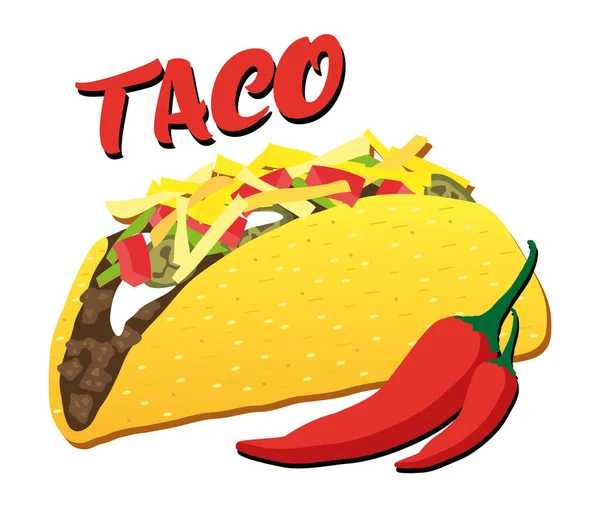 Taco Med Kött Och Ost Traditionell Mexikansk Snabbmat Med Chilis — Stock vektor