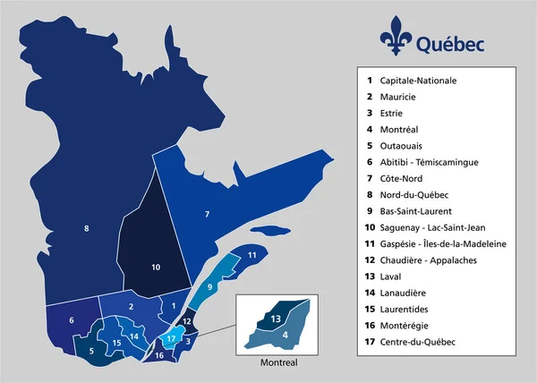 Provinsen Quebec Karta Med Län Gränser Administrativt Område — Stock vektor