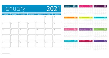 2021 multicolore için aylık düzenleme takvim şablonu