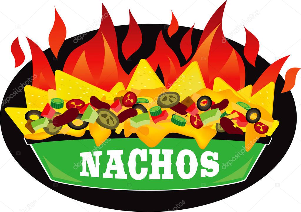 Delicous fire Supreme loaded cheese mexican nachos plate side view illustration vector