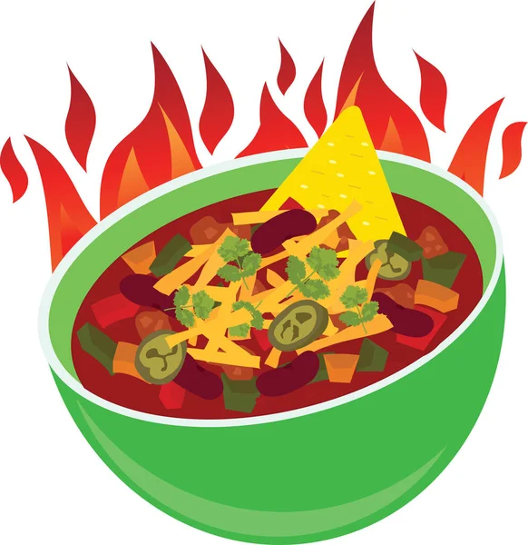 Delicous Feuer Geladen Chili Con Carne Schüssel Käse Mexikanische Illustration — Stockvektor