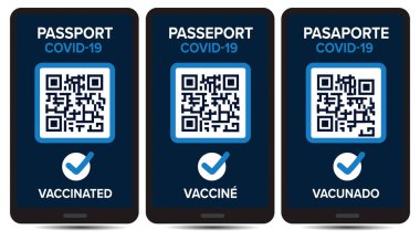 Aşı covid-19 pasaport kartı qr kod tasarım vektörü İngilizce ve İspanyolca metin dili