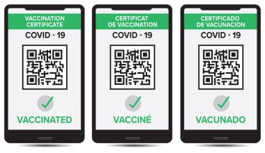 Aşı covid-19 pasaport kartı qr kod tasarım vektörü İngilizce ve İspanyolca metin dili