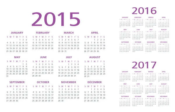 Calendario Inglés 2015-2016-2017 vector — Vector de stock