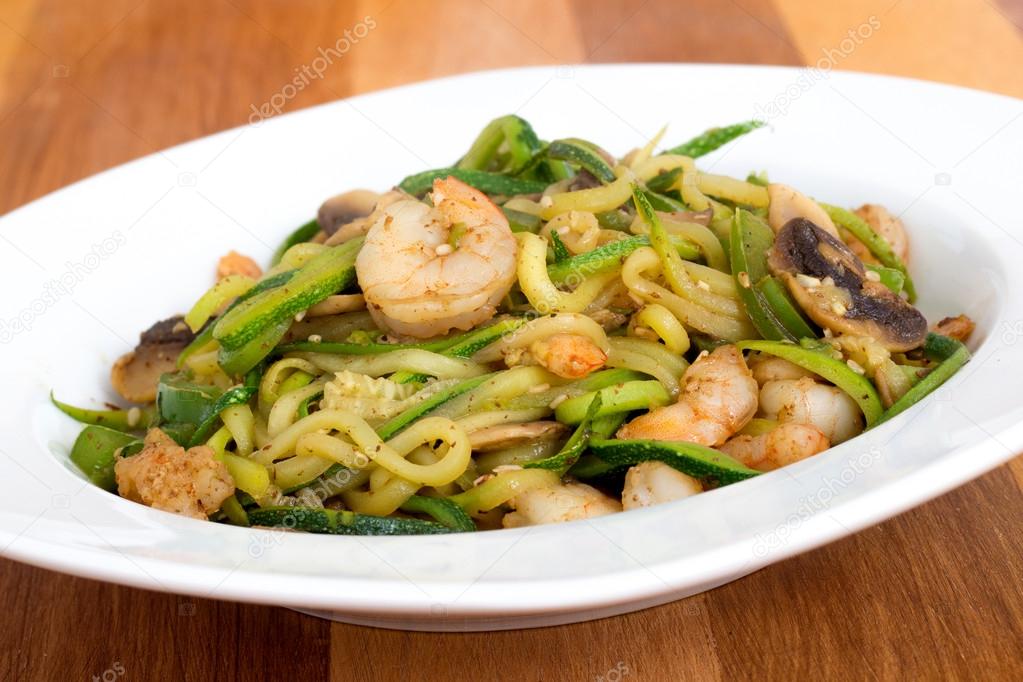 Shrimp with zucchini noodles stir-fry
