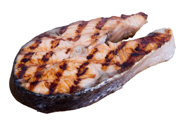 Bife de salmão grelhado sobre fundo branco — Fotografia de Stock